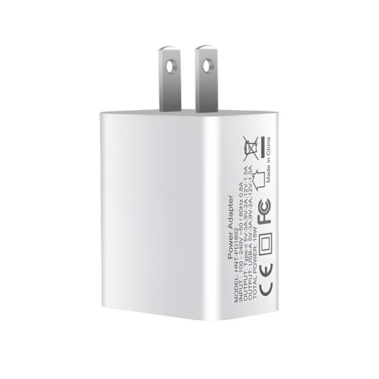 White 18W PD fast charging plug with dual USB-C ports, showing UK, US, and EU plug style options.