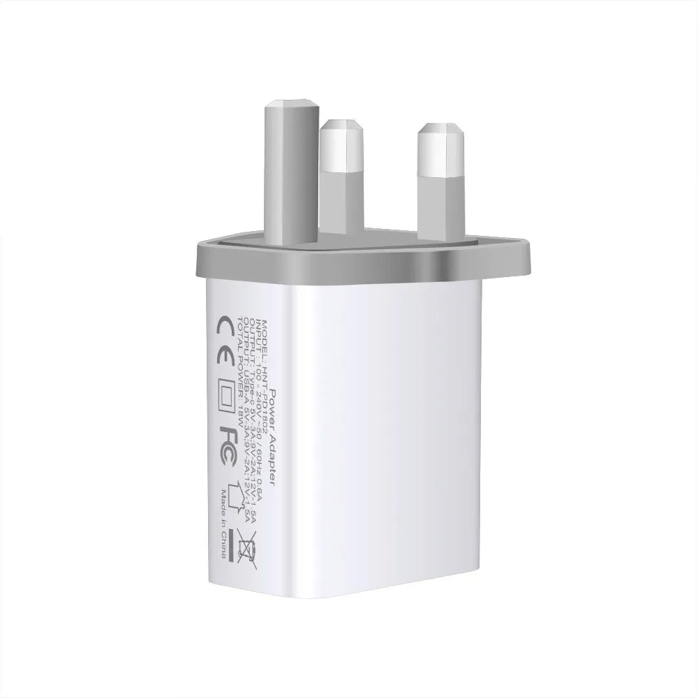 White 18W PD fast charging plug with dual USB-C ports, showing UK, US, and EU plug style options.