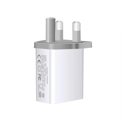 White 18W PD fast charging plug with dual USB-C ports, showing UK, US, and EU plug style options.