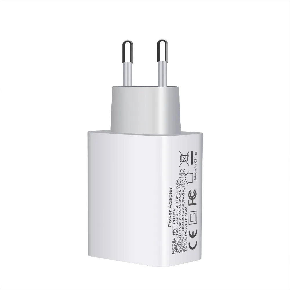White 18W PD fast charging plug with dual USB-C ports, showing UK, US, and EU plug style options.