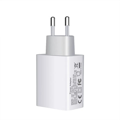 White 18W PD fast charging plug with dual USB-C ports, showing UK, US, and EU plug style options.