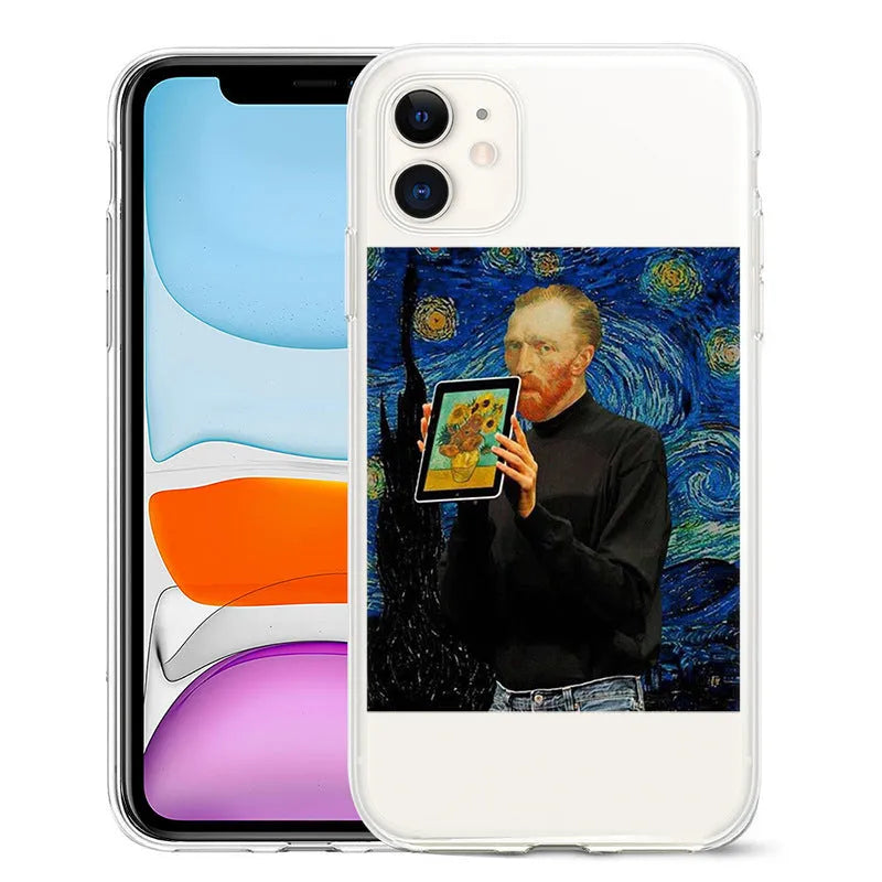 Van Gogh starry night art design on a flexible TPU phone case for iPhone models.