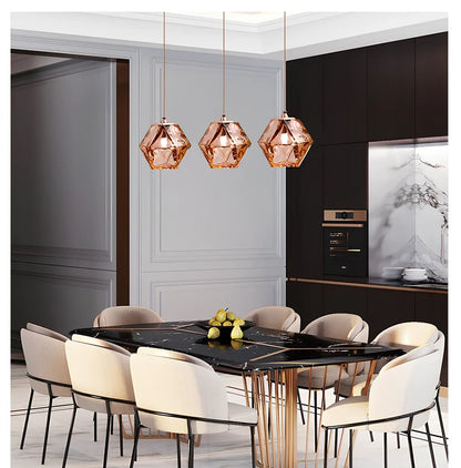 Glass Rubik's Cube chandelier with geometric design and adjustable 1m height