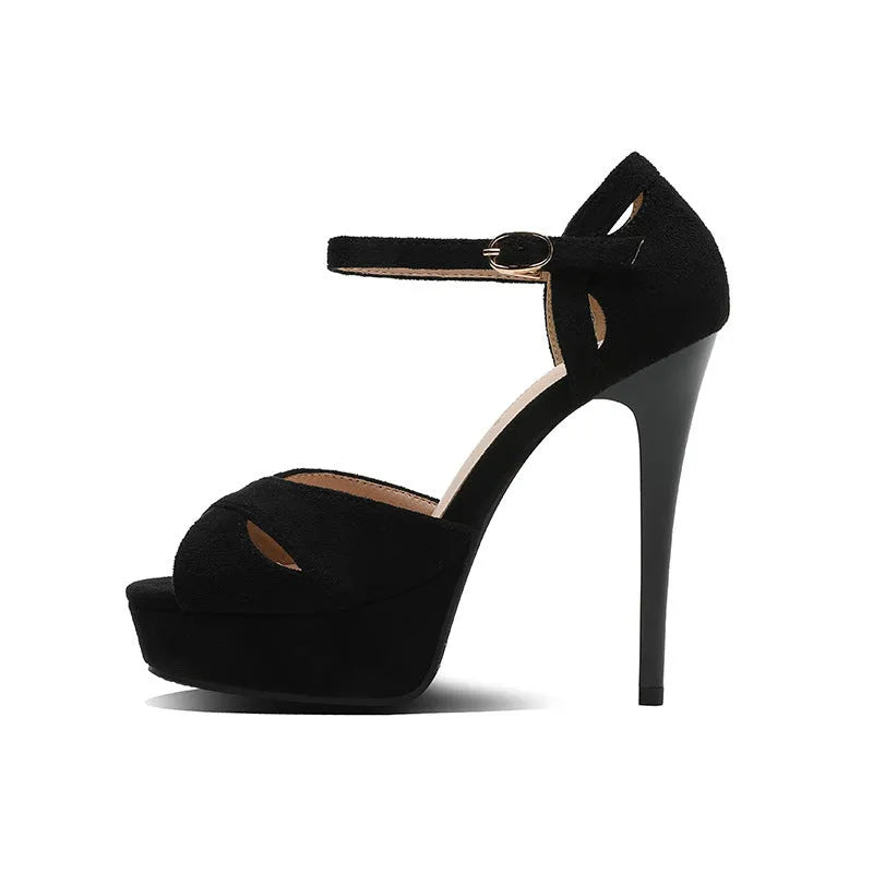 Black suede women's stiletto platform sandals with fish mouth toe and waterproof rubber sole.
