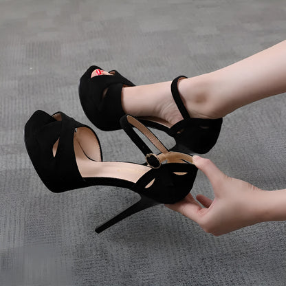 Black suede women's stiletto platform sandals with fish mouth toe and waterproof rubber sole.