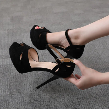 Black suede women's stiletto platform sandals with fish mouth toe and waterproof rubber sole.
