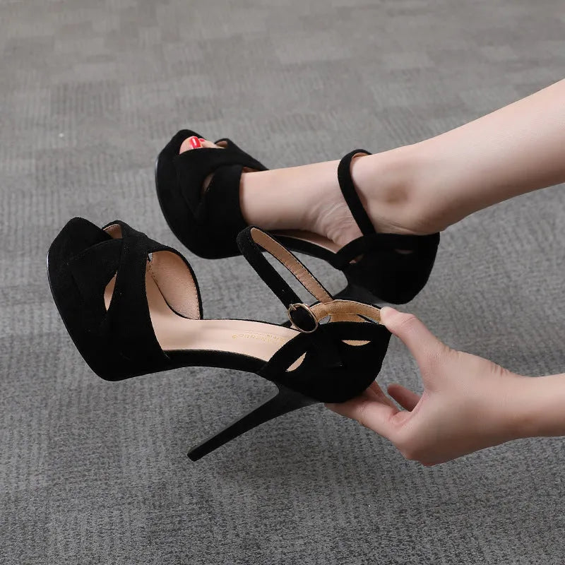 Black suede women's stiletto platform sandals with fish mouth toe and waterproof rubber sole.