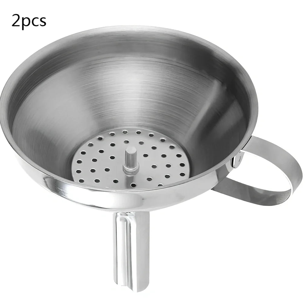Small stainless steel funnel with 1.6cm thick tube and filter sieve for kitchen liquid transfer