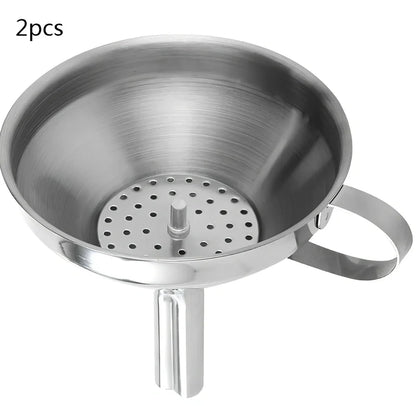 Small stainless steel funnel with 1.6cm thick tube and filter sieve for kitchen liquid transfer