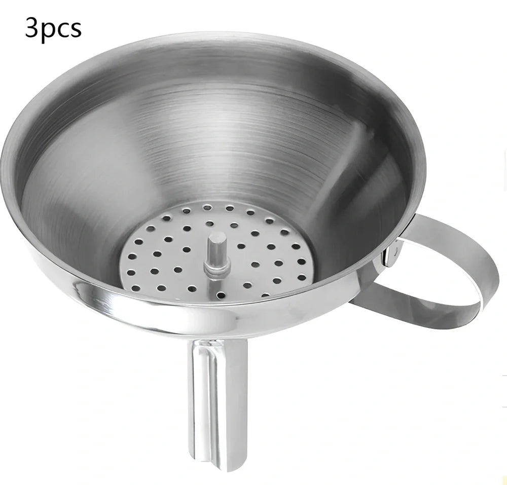 Small stainless steel funnel with 1.6cm thick tube and filter sieve for kitchen liquid transfer