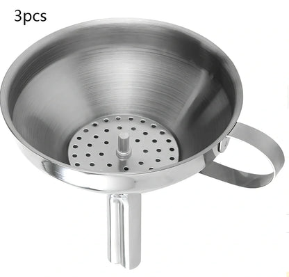 Small stainless steel funnel with 1.6cm thick tube and filter sieve for kitchen liquid transfer