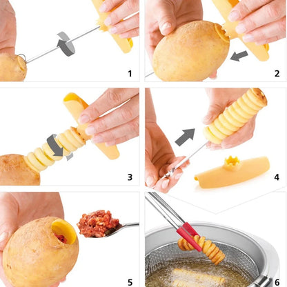 Manual potato spiral slicer with stainless steel blades on kitchen counter