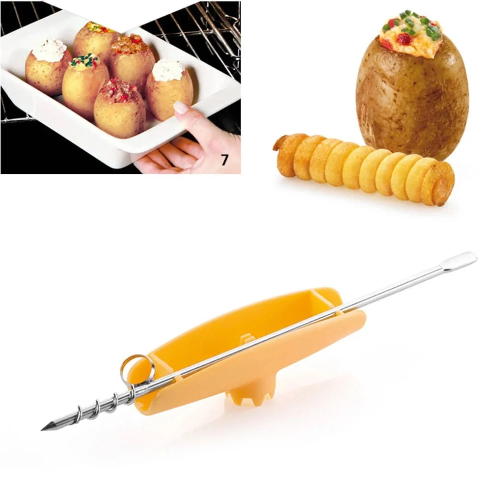 Manual potato spiral slicer with stainless steel blades on kitchen counter