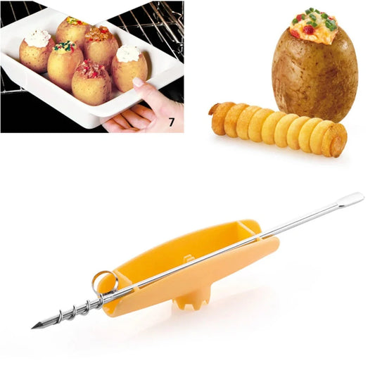 Manual potato spiral slicer with stainless steel blades on kitchen counter