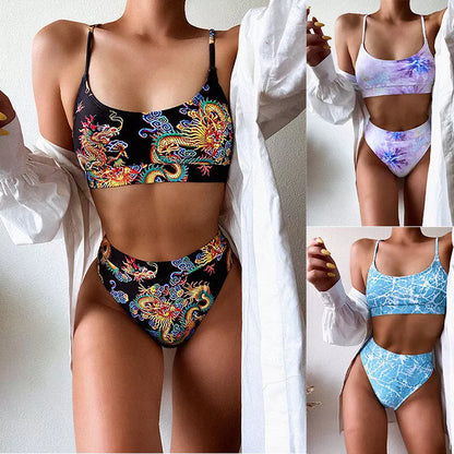 Women's split print bikini swimsuit in vibrant colors with adjustable fit