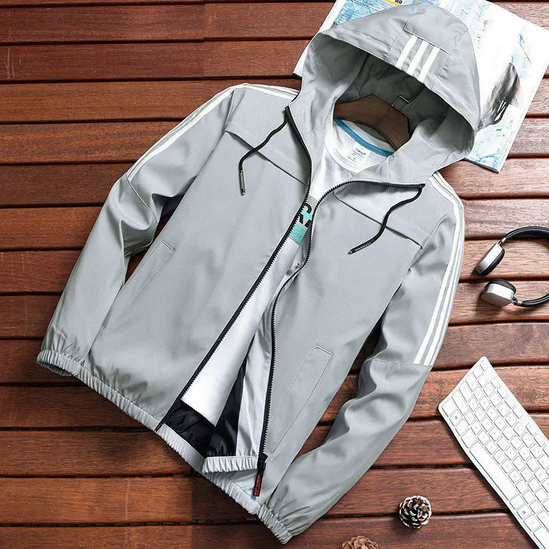 Men's polyester baseball uniform jacket in grey with long sleeves, straight hem, and side slit pockets.