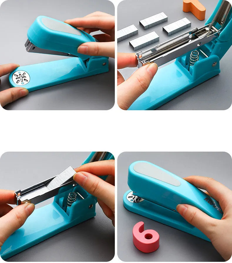 Rotatable stapler in dark blue showing 360° rotation, capable of binding 25 A4 sheets with eight direction options.