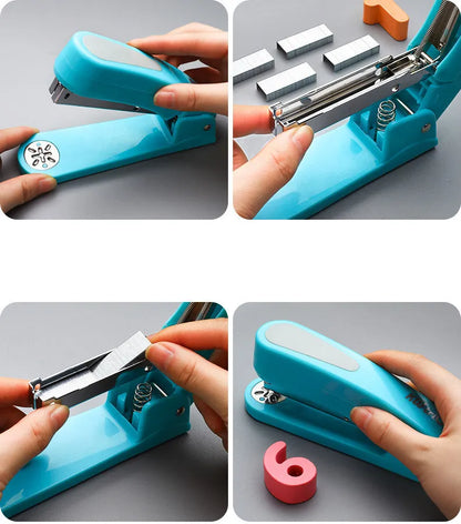 Rotatable stapler in dark blue showing 360° rotation, capable of binding 25 A4 sheets with eight direction options.