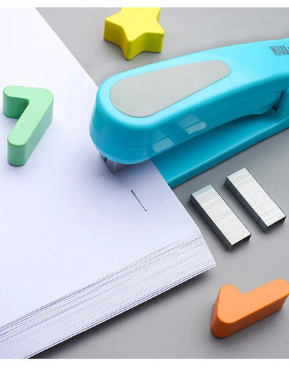 Rotatable stapler in dark blue showing 360° rotation, capable of binding 25 A4 sheets with eight direction options.