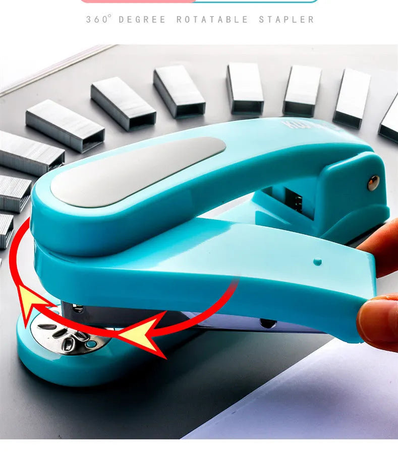 Rotatable stapler in dark blue showing 360° rotation, capable of binding 25 A4 sheets with eight direction options.