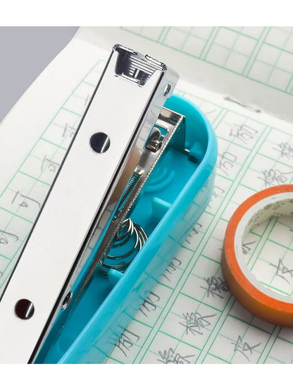 Rotatable stapler in dark blue showing 360° rotation, capable of binding 25 A4 sheets with eight direction options.