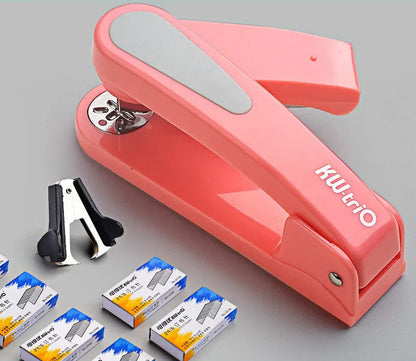 Rotatable stapler in dark blue showing 360° rotation, capable of binding 25 A4 sheets with eight direction options.
