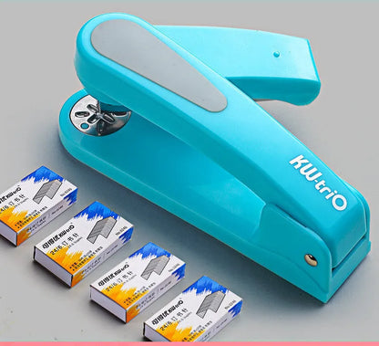 Rotatable stapler in dark blue showing 360° rotation, capable of binding 25 A4 sheets with eight direction options.