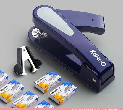 Rotatable stapler in dark blue showing 360° rotation, capable of binding 25 A4 sheets with eight direction options.