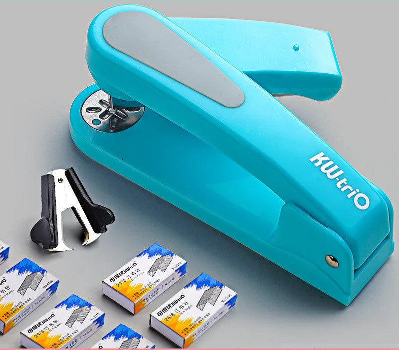 Rotatable stapler in dark blue showing 360° rotation, capable of binding 25 A4 sheets with eight direction options.
