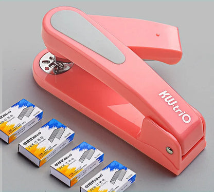 Rotatable stapler in dark blue showing 360° rotation, capable of binding 25 A4 sheets with eight direction options.