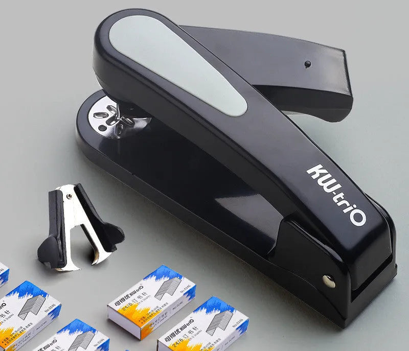 Rotatable stapler in dark blue showing 360° rotation, capable of binding 25 A4 sheets with eight direction options.