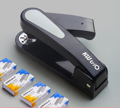 Rotatable stapler in dark blue showing 360° rotation, capable of binding 25 A4 sheets with eight direction options.