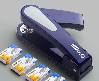 Rotatable stapler in dark blue showing 360° rotation, capable of binding 25 A4 sheets with eight direction options.