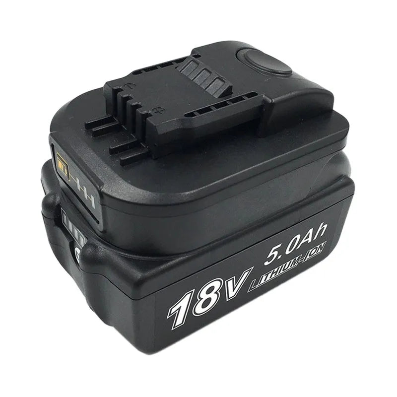 Power tool battery adapter converter Makita to Wox enabling cross-platform compatibility between 18V Li-ion battery systems, suitable for drills, saws, sanders and other cordless tools with a black ABS plastic housing for professional and DIY use.