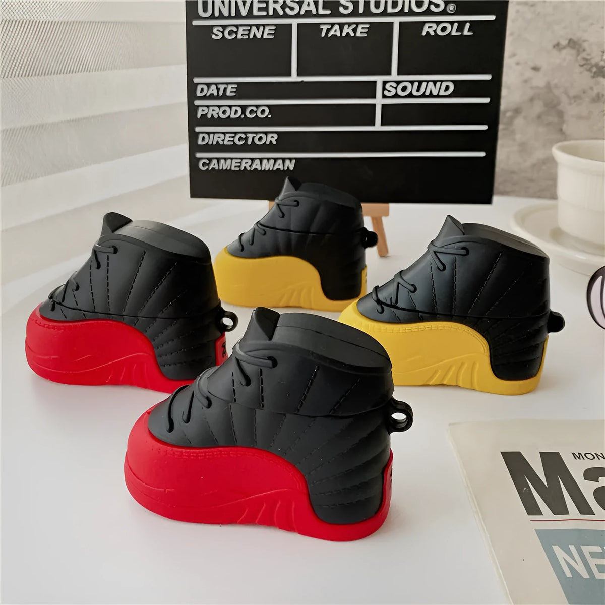 Silicone flip protective cover for AirPods 1 2 3 generations and AirPods Pro 3, black and red-shoes or black and yellow-shoes