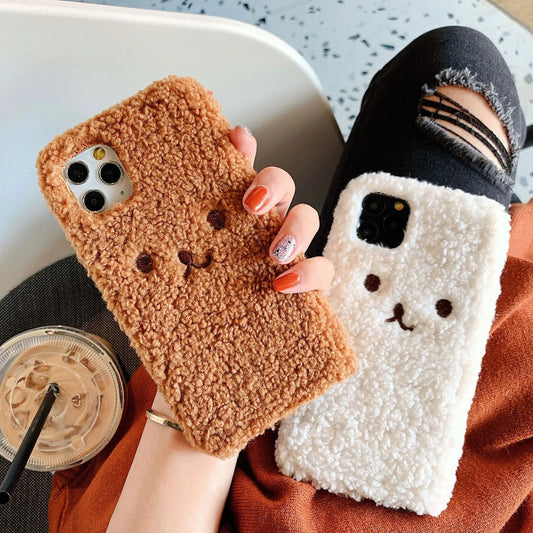 Embroidery plush cartoon bear phone case in brown or white, compatible with iPhone models, showing TPU material and raised edges.