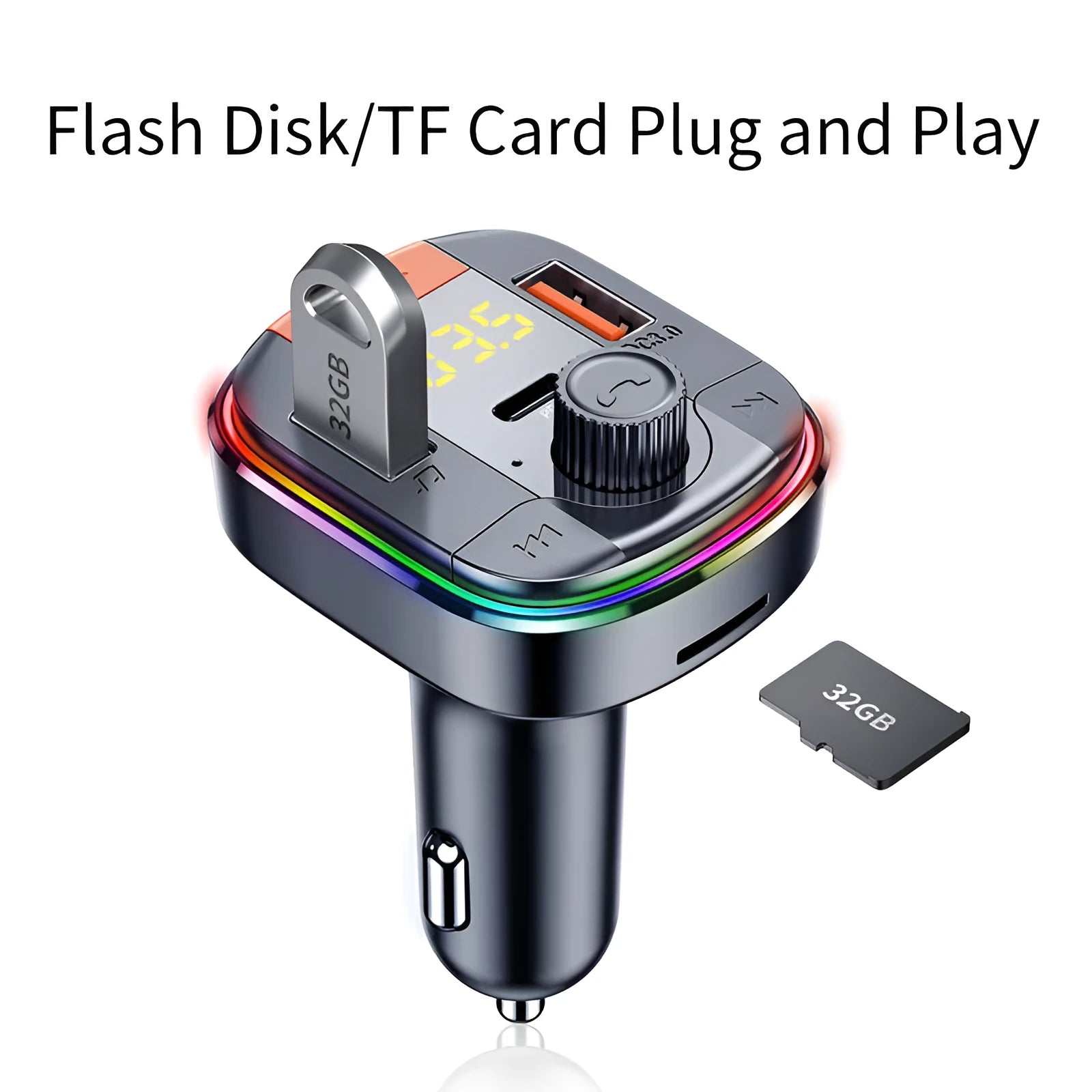 Black car MP3 player with Bluetooth, dual USB fast charging ports, and colourful LED lights