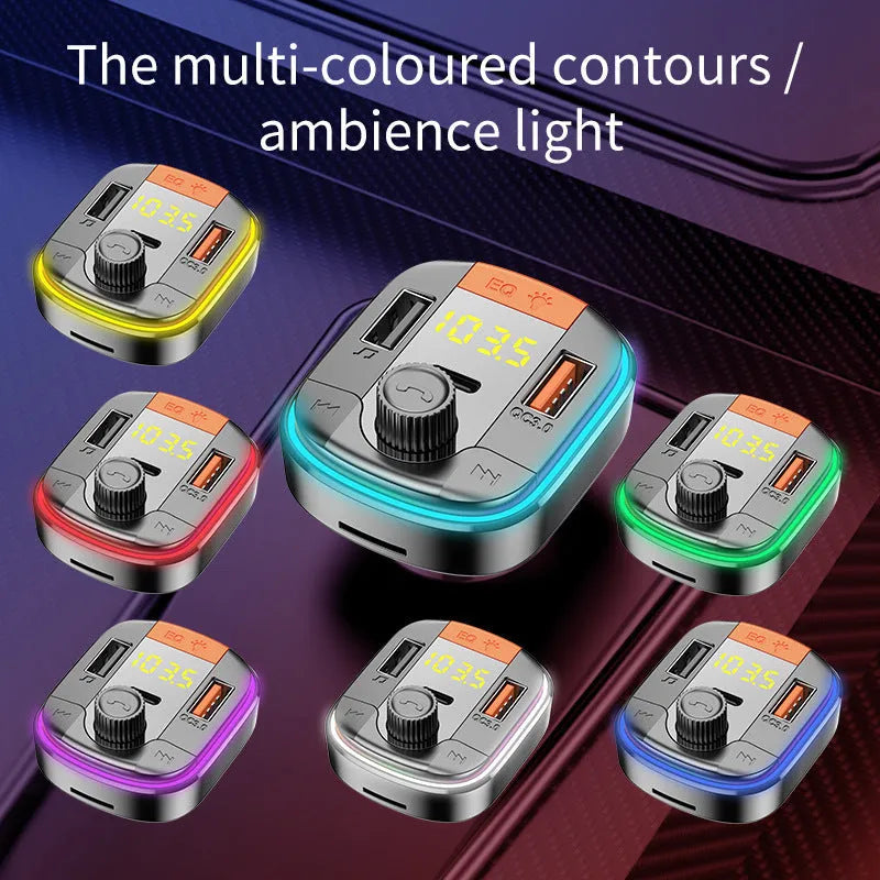 Black car MP3 player with Bluetooth, dual USB fast charging ports, and colourful LED lights