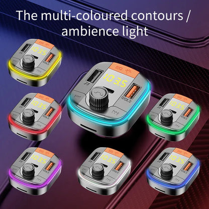 Black car MP3 player with Bluetooth, dual USB fast charging ports, and colourful LED lights