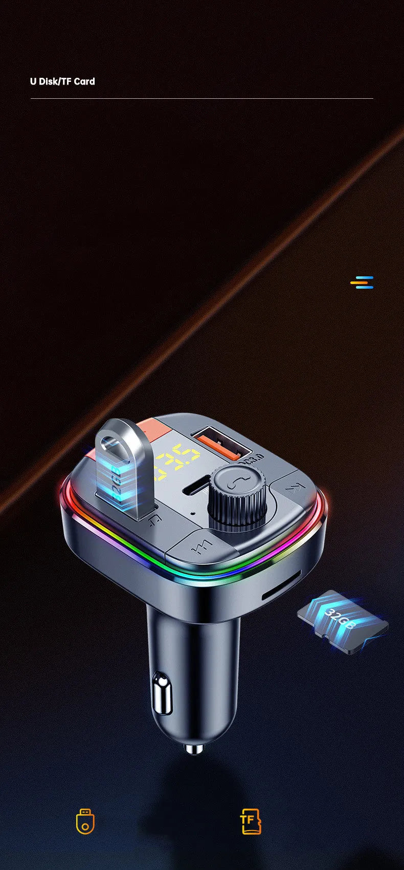 Black car MP3 player with Bluetooth, dual USB fast charging ports, and colourful LED lights