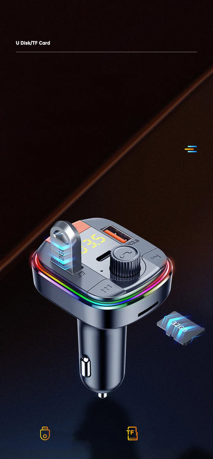 Black car MP3 player with Bluetooth, dual USB fast charging ports, and colourful LED lights