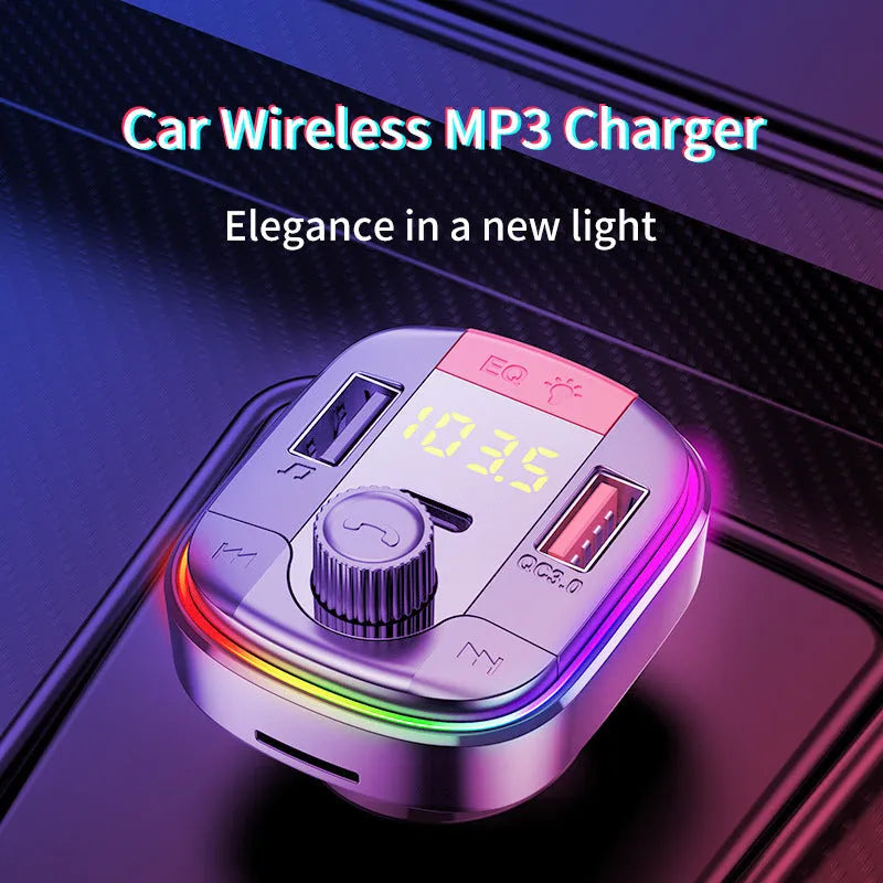 Black car MP3 player with Bluetooth, dual USB fast charging ports, and colourful LED lights