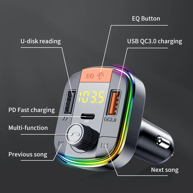 Black car MP3 player with Bluetooth, dual USB fast charging ports, and colourful LED lights