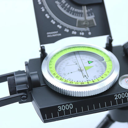 Metal ABS compass with tripod mount showing 8cm diameter and geographic measurement markings