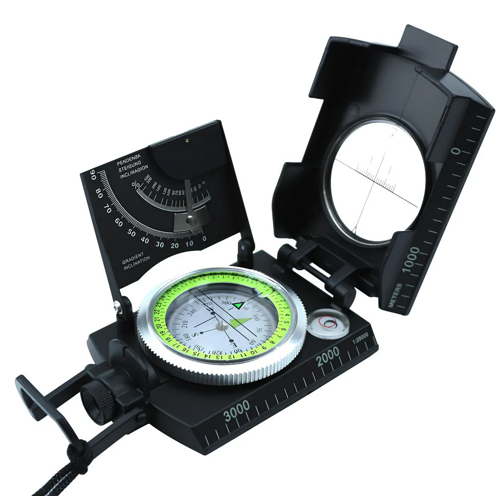 Metal ABS compass with tripod mount showing 8cm diameter and geographic measurement markings