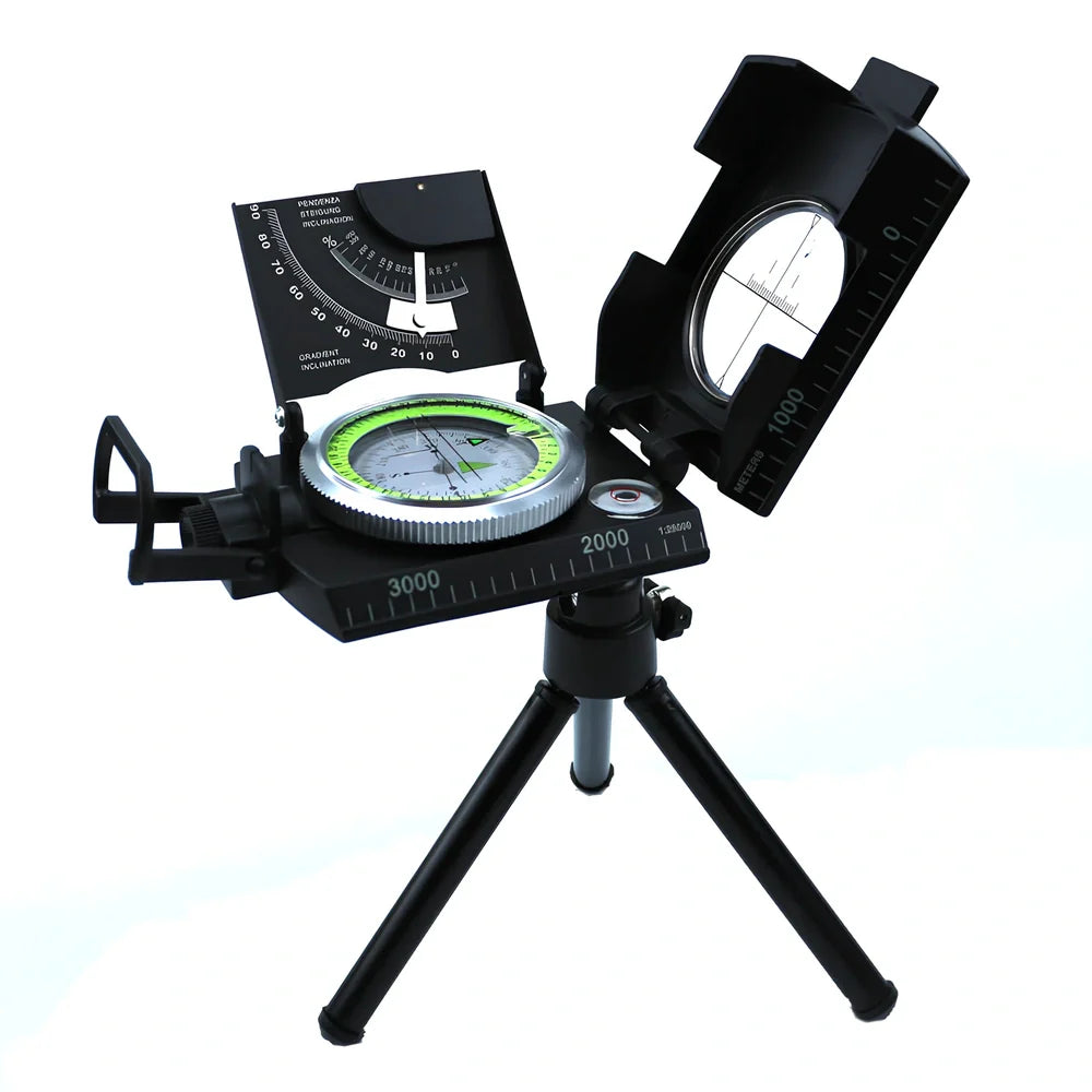 Metal ABS compass with tripod mount showing 8cm diameter and geographic measurement markings