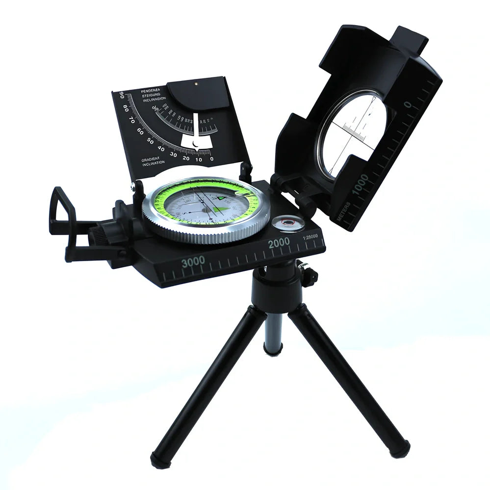 Metal ABS compass with tripod mount showing 8cm diameter and geographic measurement markings