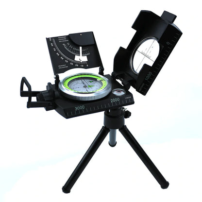 Metal ABS compass with tripod mount showing 8cm diameter and geographic measurement markings