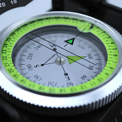 Metal ABS compass with tripod mount showing 8cm diameter and geographic measurement markings