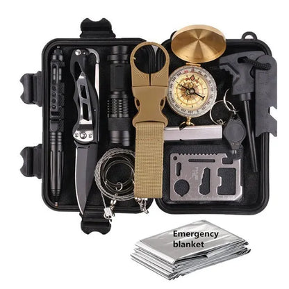 Black stainless steel survival kit with 13 tools including tactical flashlight, compass, and wire saw